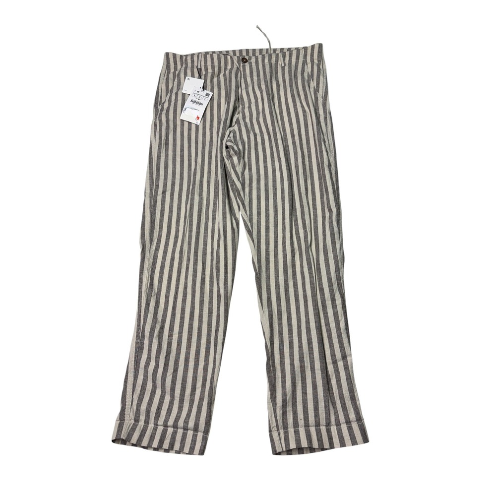 NWT Zara Man Striped Cotton Linen Blend Trousers Beige Grey Size L 36X29